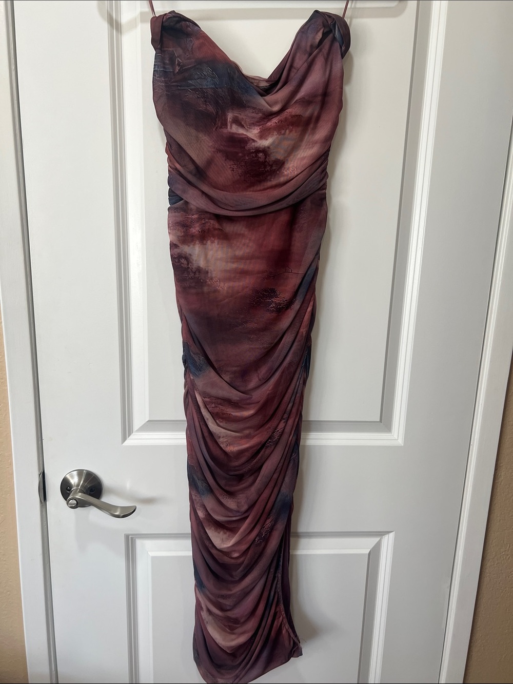 Windsor Strapless Ruched Maxi Dress in Burgundy and Navy